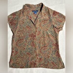 Vintage 90s Silk Womens Top Blouse Short Sleeve Button Down Neutral Paisley